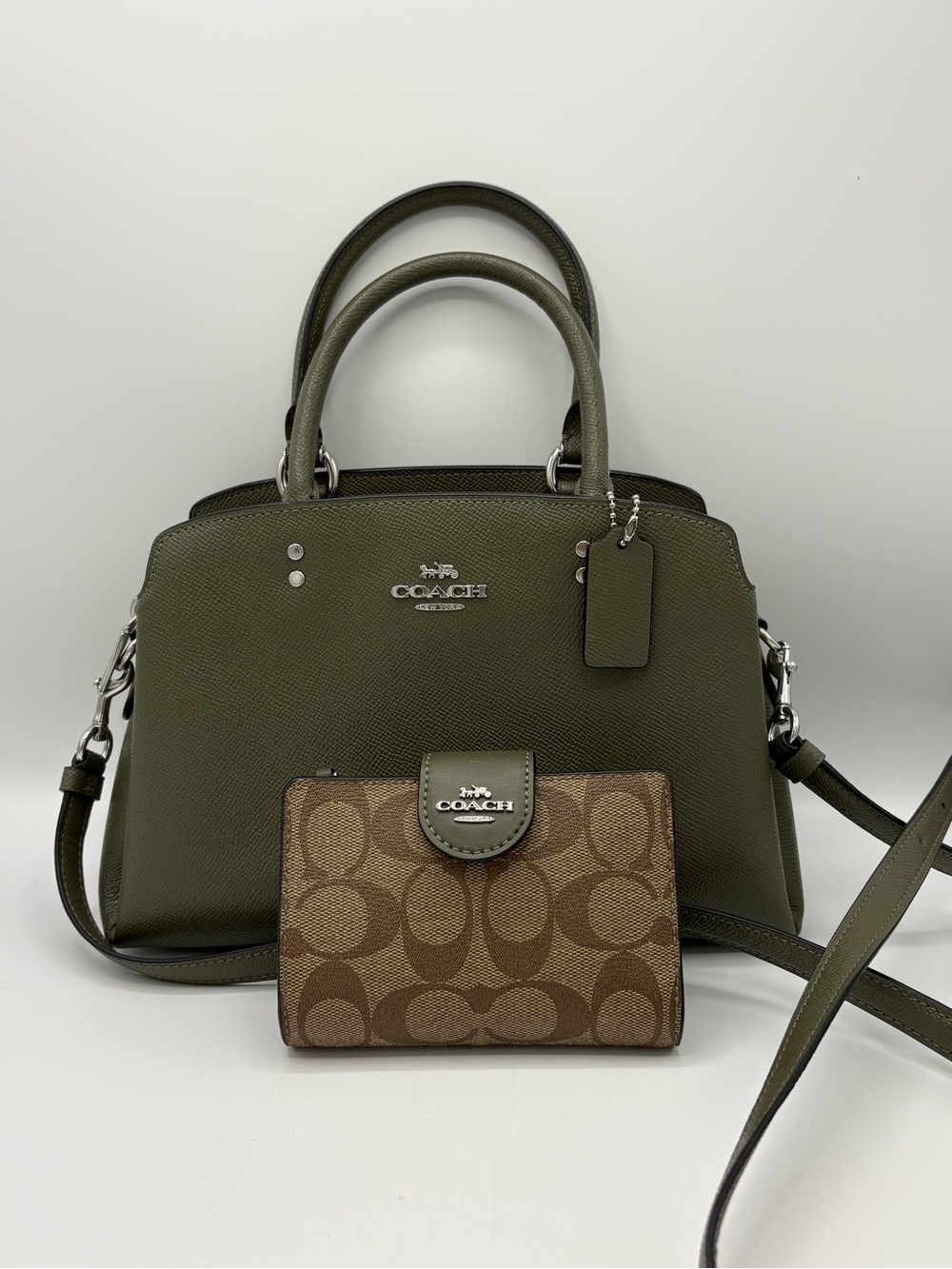 Coach Olive Green Pebbled Leather Satchel with Brown Signature Canvas Wallet Set